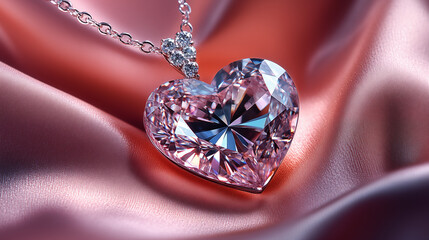 Heart shaped diamond necklace on pink silk fabric background. Luxury jewelry photography highlighting romance and elegance with crystal clarity