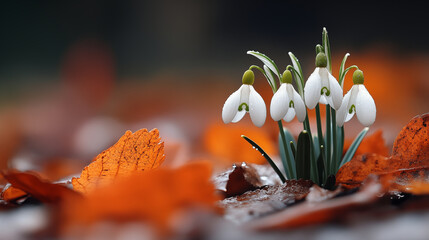 Snowdrops blooming among autumn leaves with morning dew. Early spring flowers emerging through fall foliage in natural setting
