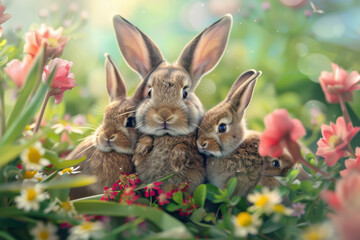 Easter Bunnies Surrounded by Bright Spring Flowers in a Lush Garden: Easter