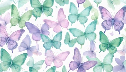 Obraz premium seamless hand drawn pattern of delicate butterflies on white background. Beautiful pastel creatures wallpaper design