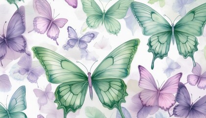seamless hand drawn pattern of delicate butterflies on white background. Beautiful pastel creatures wallpaper design