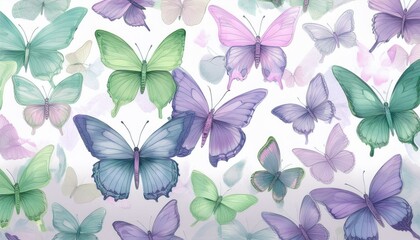Fototapeta premium seamless hand drawn pattern of delicate butterflies on white background. Beautiful pastel creatures wallpaper design