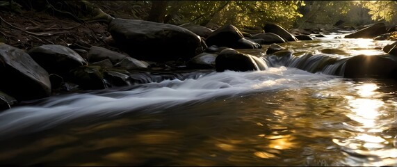 Close up of flowing water reflecting dappled sunlight in a peaceful stream