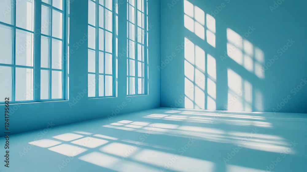 Poster abstract light blue background with soft shadows and light from windows. great for product displays.
