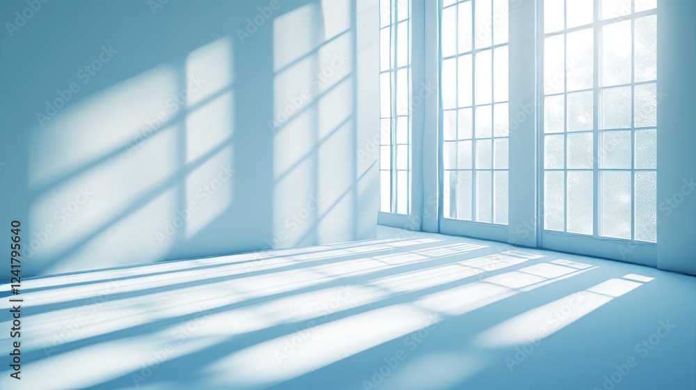 Poster abstract light blue background with soft shadows and light from windows. great for product displays.