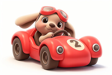 Cute brown dog in red racing car isolated on white