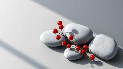 a minimalistic composition featuring smooth, gray stones and strikingly red berries, large space for copy