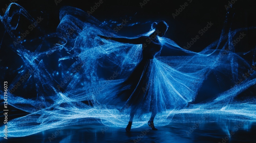Poster blue light lines dance on a dark background, creating an abstract scene with an elegant and ethereal