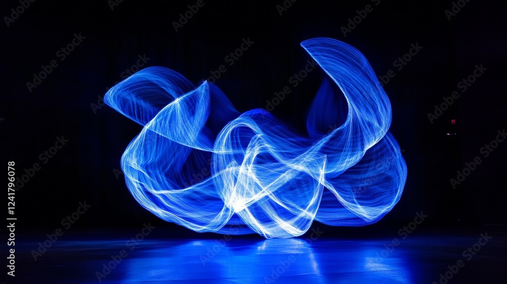 Poster blue light lines dance on a dark background, creating an abstract scene with an elegant and ethereal