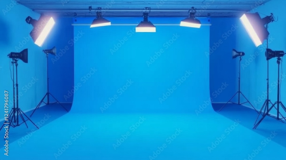 Poster blue studio backdrop perfect for displaying products. modern style with bright light and soft shadow