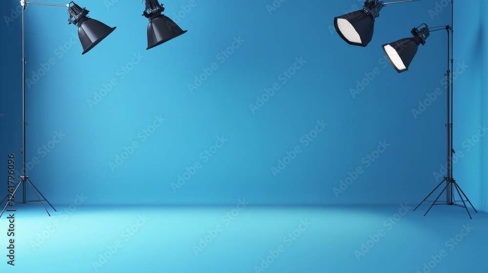Poster blue studio backdrop perfect for displaying products. modern style with bright light and soft shadow