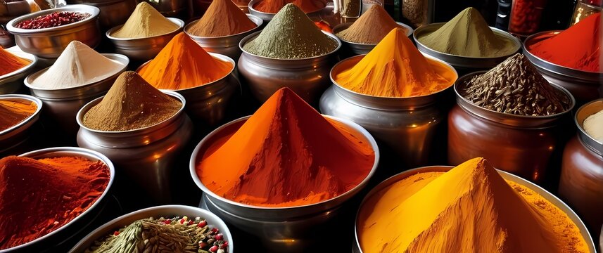 Close up of vibrant spices piled high in a lively market offering a feast for the senses