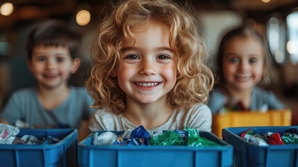 A family joyfully sorting recyclable waste in a bright, clean environment,concept