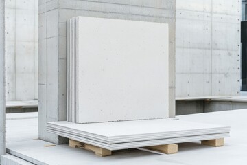 Fiber cement boards stacked at construction site with concrete walls