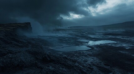 Fototapeta premium In Iceland, there's a pool of boiling hot water from deep underground at Hveravellir. This photo was taken just before midnight during a storm.