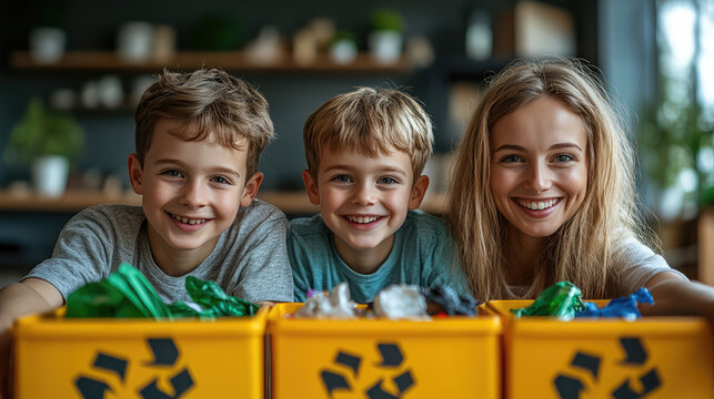 A family joyfully sorting recyclable waste in a bright, clean environment,concept - Powered by Adobe