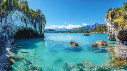 Fototapeta premium In southern Chile, the Marble Caves are hidden within Patagonia's clear water. The stunning turquoise colors and beautiful shapes of the caves are a natural masterpiece.