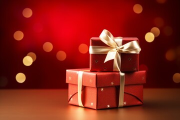 Two elegant red gift boxes with gold ribbons are placed on a surface, creating a festive holiday atmosphere with bokeh lights in the background