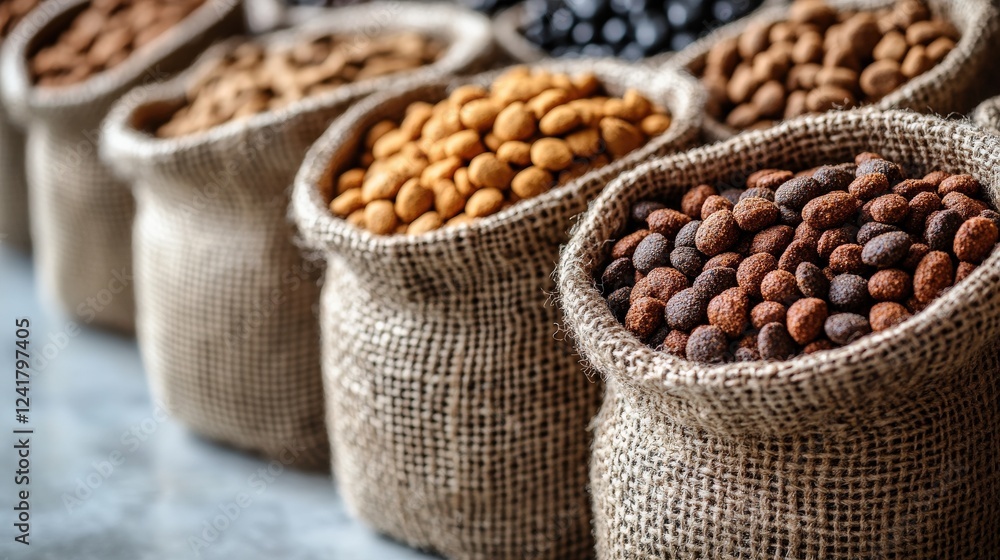 Poster assorted nuts and seeds in burlap sacks displayed on a table with a blurred background