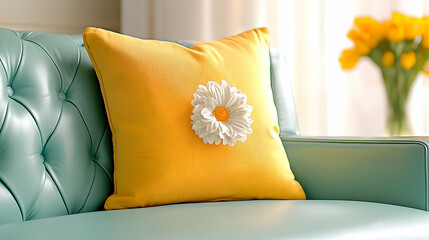 Yellow pillow with flower, teal sofa, bright room