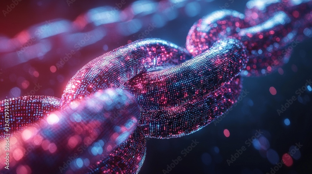 Poster abstract representation of a digital chain, showcasing interconnected links with glowing effects