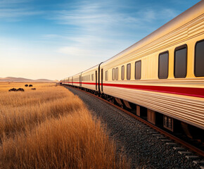 Fototapeta premium Passenger train on curved track through golden grassland at sunset