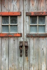 Close-up of a wooden door with two rectangular windows, possibly leading to an interior space