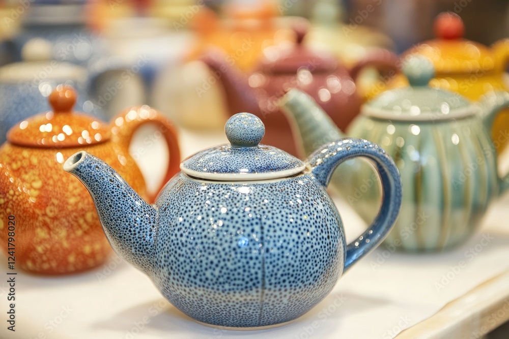 Poster a collection of teapots placed on a table, possibly for display or use