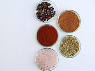 Various spices and salt in a petri dish, white background, copy space for text