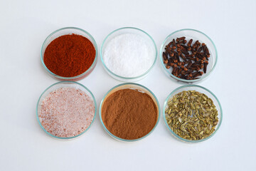Various spices and salt in a petri dish, white background