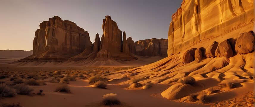 Dramatic desert landscape showcasing towering rock formations at golden hour