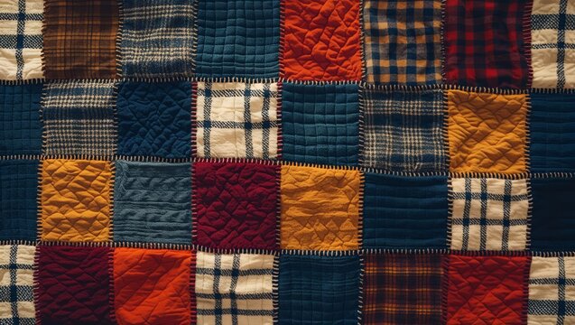 Close Up of a Hand Stitched Patchwork Quilt with Various Fabric Patterns