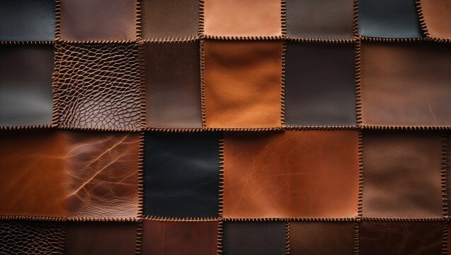 Hand stitched patchwork of various leather pieces in warm brown tones for a rich texture
