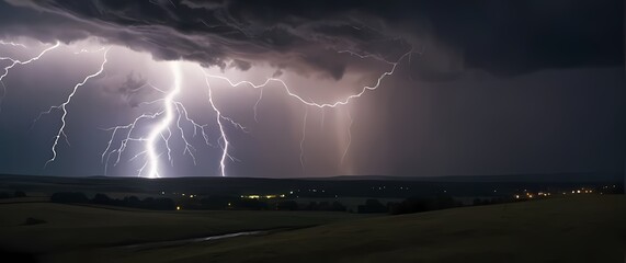 Dramatic sight of lightning illuminating sky and landscape during a fierce storm