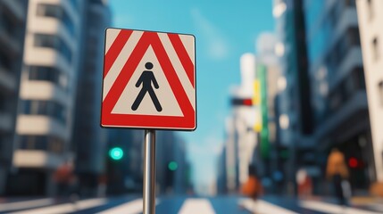 Urban pedestrian crossing sign at a busy city zebra cross urban environment signage perspective traffic safety