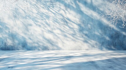 Winter scene. Blue wall background with light and shadows, perfect for presenting products.