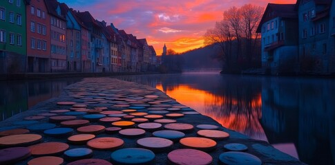 Whimsical Pastel Village by Calm River - Featuring Charming Houses & Copy Space