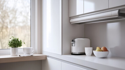 Minimalist family kitchen design with neutral tones and multifunctional furniture for a cozy atmosphere