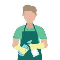 A man holds cleaning equipment. Flat vector simple illustration.