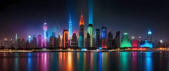 Fototapeta premium Dynamic city skyline illuminated by colorful lights reflecting off sleek surfaces