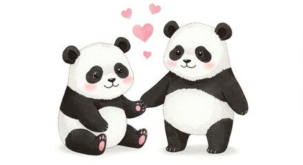 Obraz premium A watercolor illustration of two cute panda bears sitting side by side facing the camera with their black and white fur against plain white background and pink hearts are floating in the air