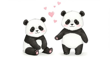 Naklejka premium A watercolor illustration of two cute panda bears sitting side by side facing the camera with their black and white fur against plain white background and pink hearts are floating in the air