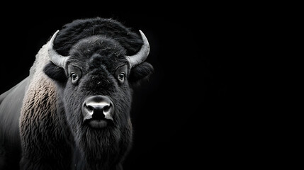 Majestic bison portrait, dark background; wildlife conservation