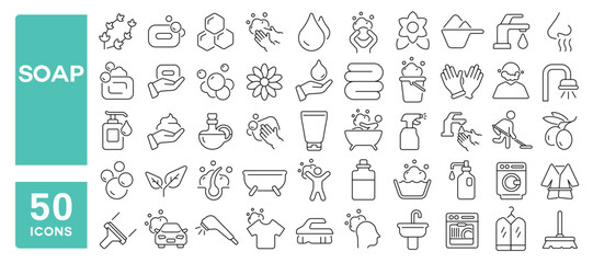 Set of 50 line icons related to soap, wash, hygiene, foam, shower, bath, clean, liquid, towel, sweep, sanitary, Editable stroke. Vector illustration