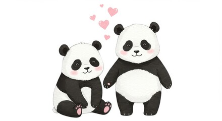 Naklejka premium A watercolor illustration of two cute panda bears sitting side by side facing the camera with their black and white fur against plain white background and pink hearts are floating in the air