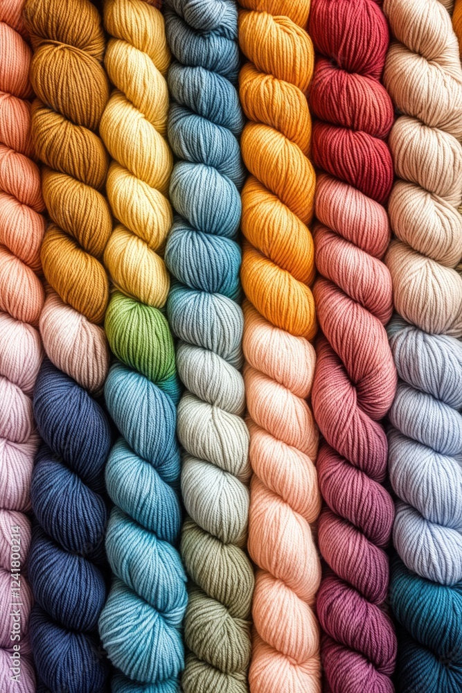 Poster a collection of vibrant yarns displayed neatly in a row, ideal for use as a decorative element or il