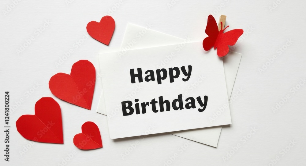 Fototapete a white postcard or greeting card with black text that reads happy birthday there is a small red but