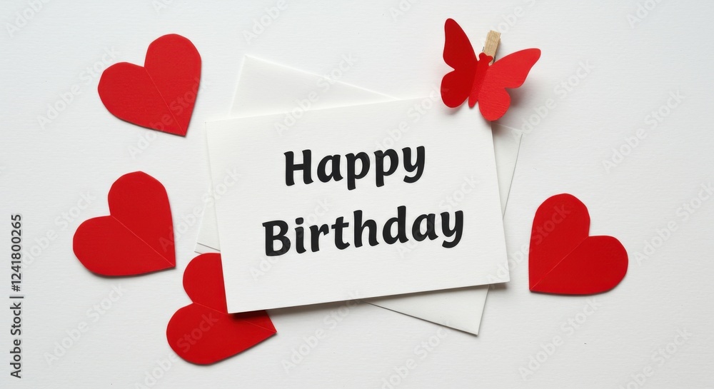 Fototapete a white postcard or greeting card with black text that reads happy birthday there is a small red but