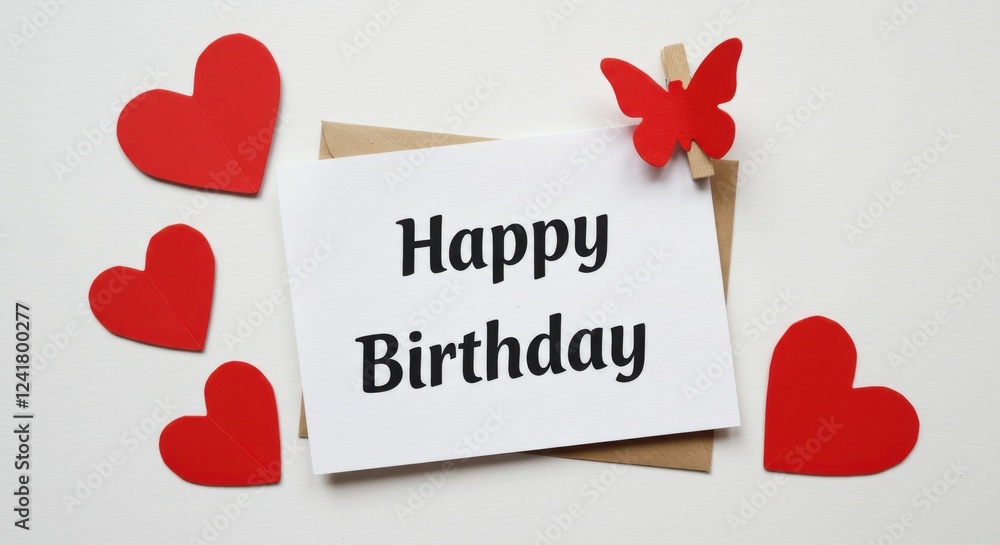 Fototapete a white postcard or greeting card with black text that reads happy birthday there is a small red but