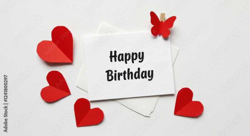 Fototapete A white postcard or greeting card with black text that reads happy birthday there is a small red butterfly attached to the top right corner of the card A white background with